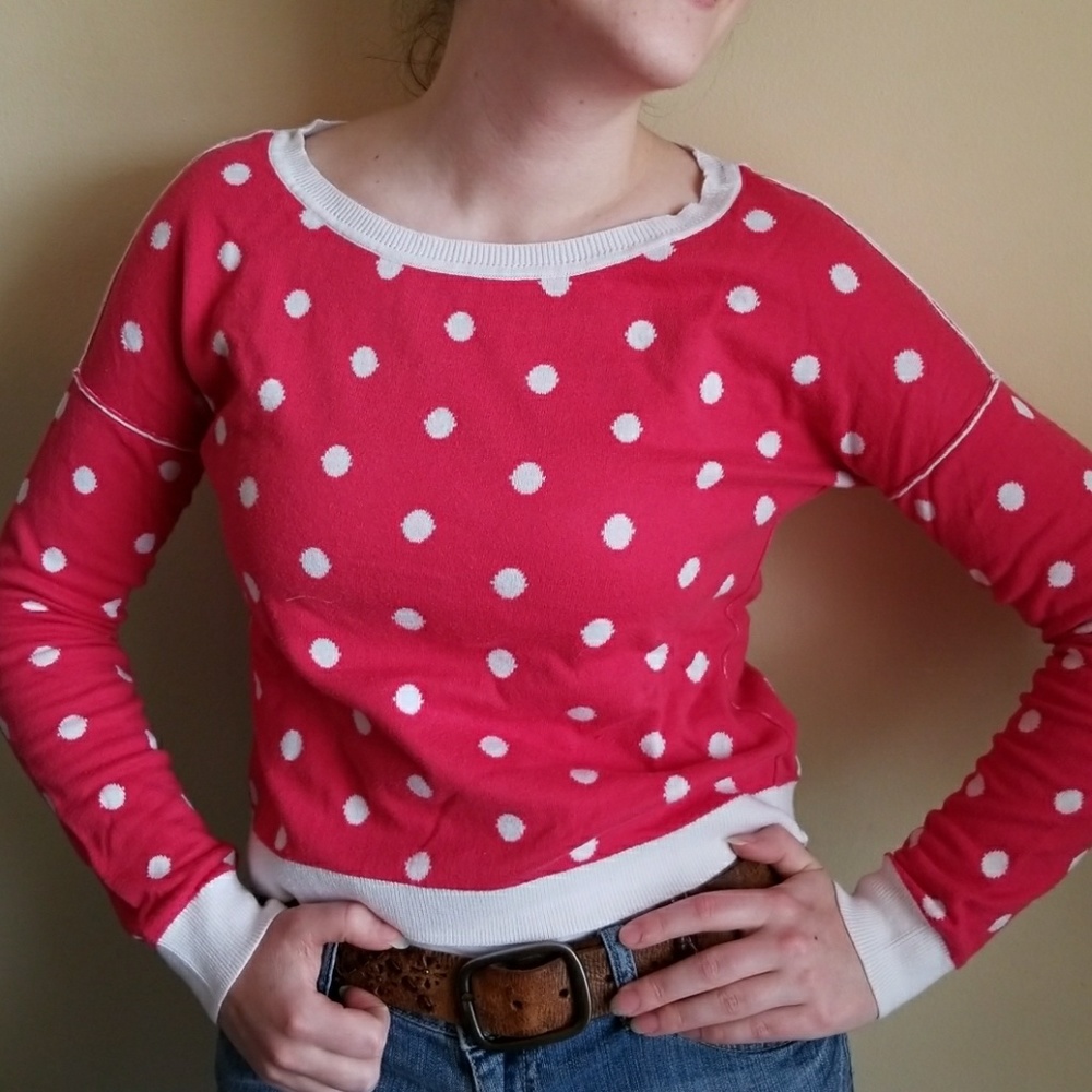 Arizona JeansCo. Pink Sweater with White Polka Dots